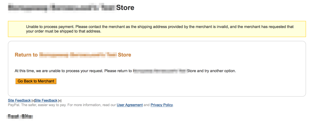 shipping address provided by the merchant is invalid